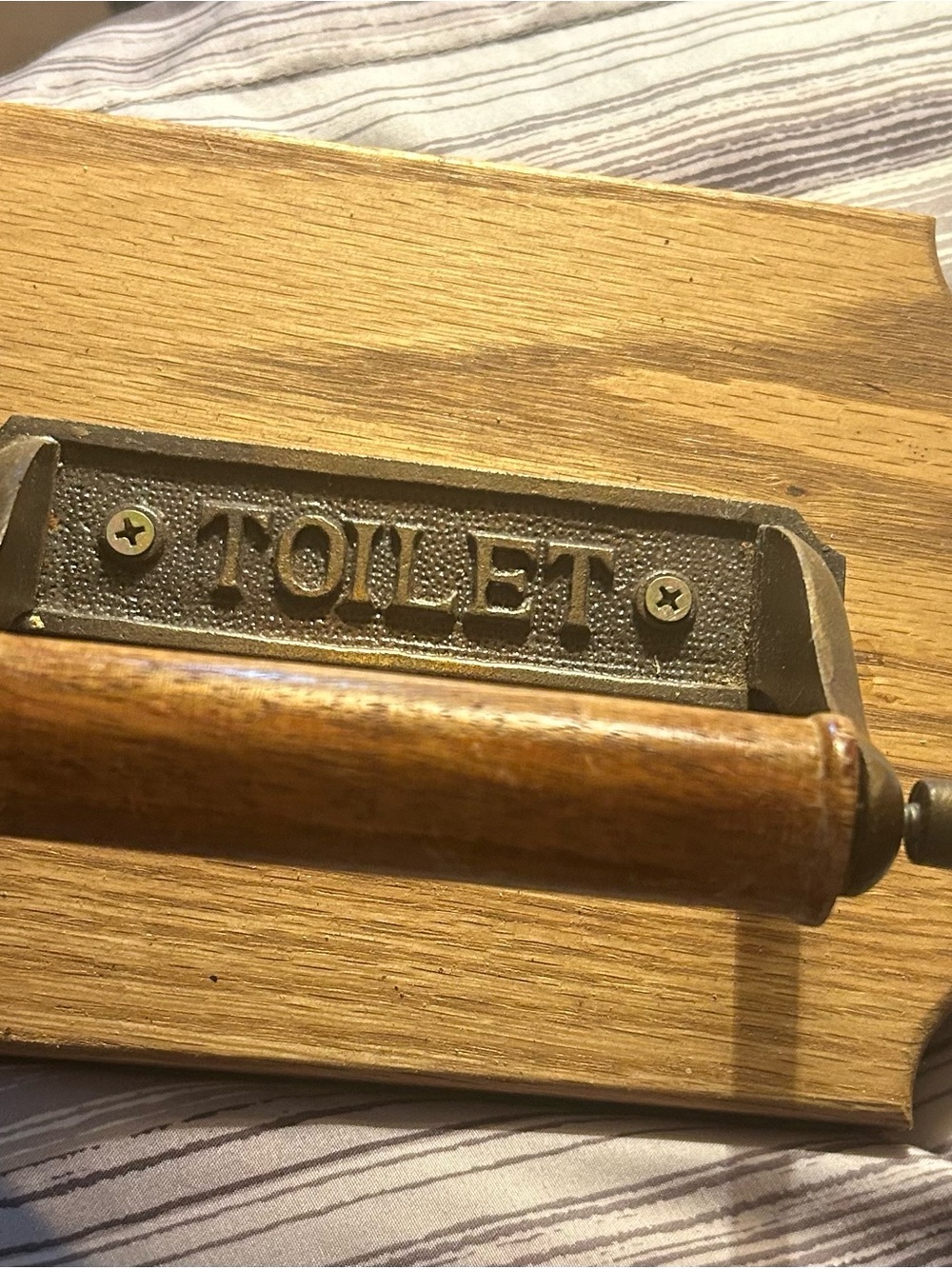 HandcraftedVintage-Style Wood Toilet Paper Holder with 'TOILET' Metal Accents